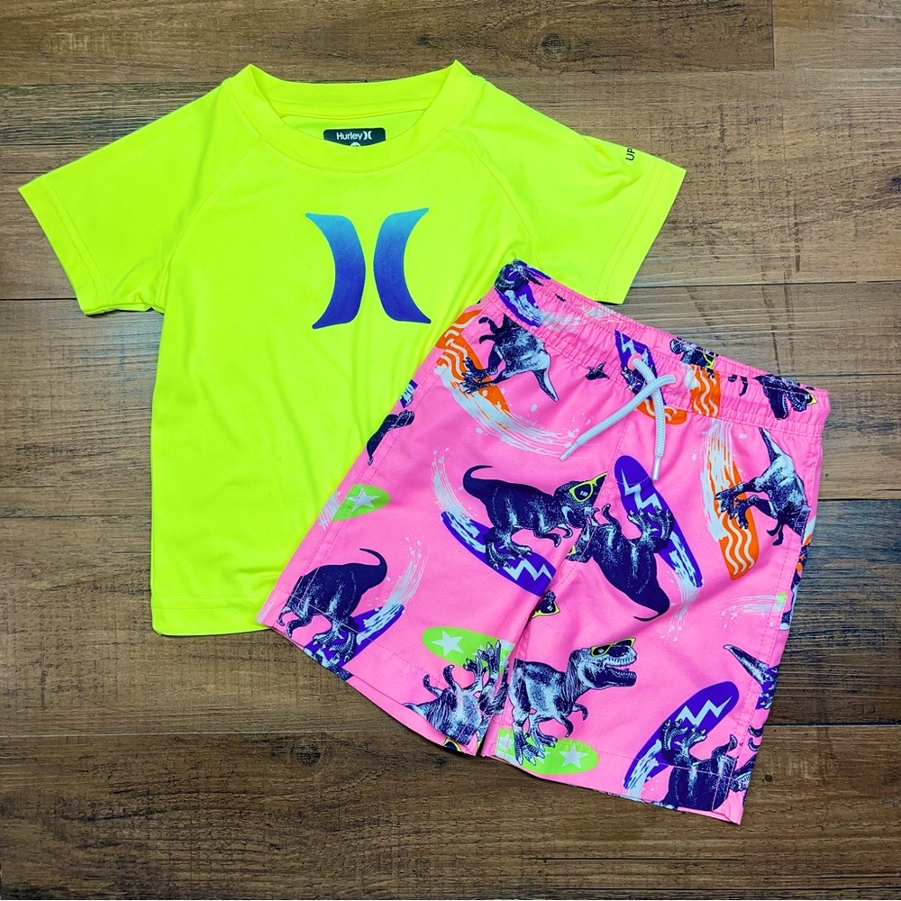 2pc Surfing Dinos rash guard swim set 3T